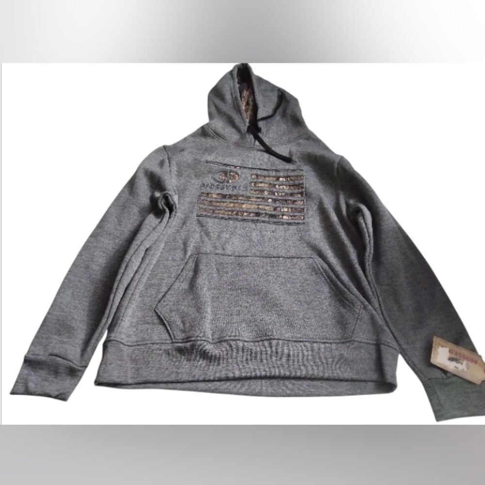 Mossy Oak Men's Grey Gray Hoodie with Camouflage Flag Detail Size Large New
